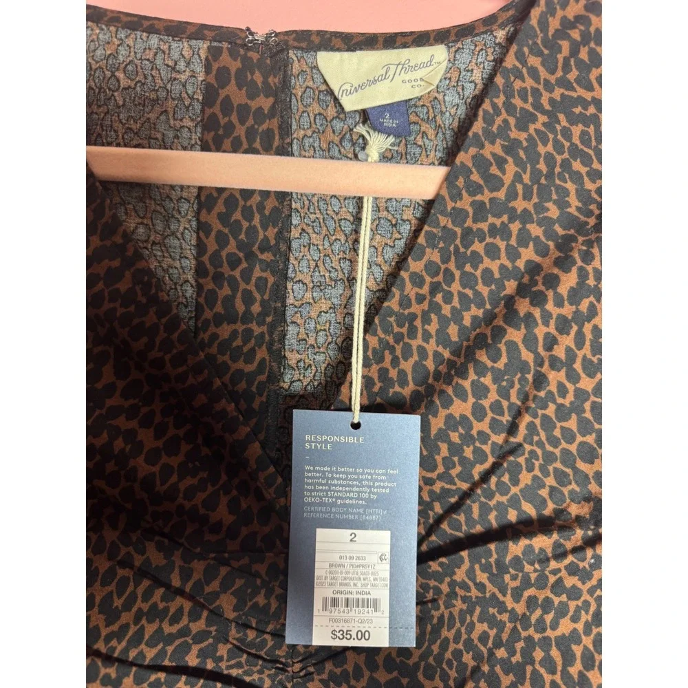 Universal Thread Womens Leopard Print V-Neck Puff Sleeve Mini Dress Brown Size 2